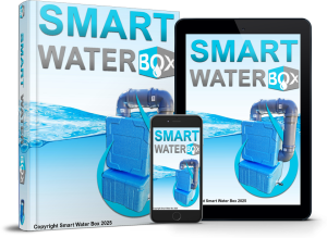 Smart Water Box digital guide shown on book cover, tablet, and phone, alongside the DIY water generator device