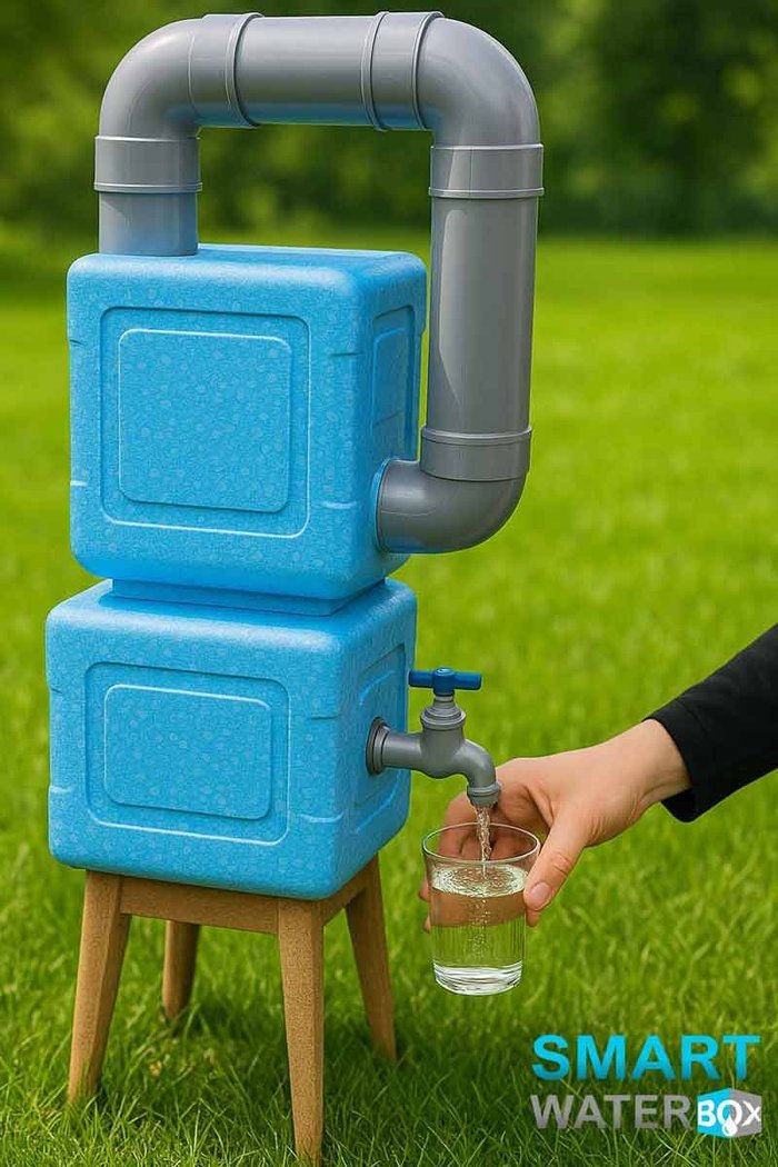 Smart Water Box device with pipe assembly and spigot dispensing a glass of water outdoors on grass
