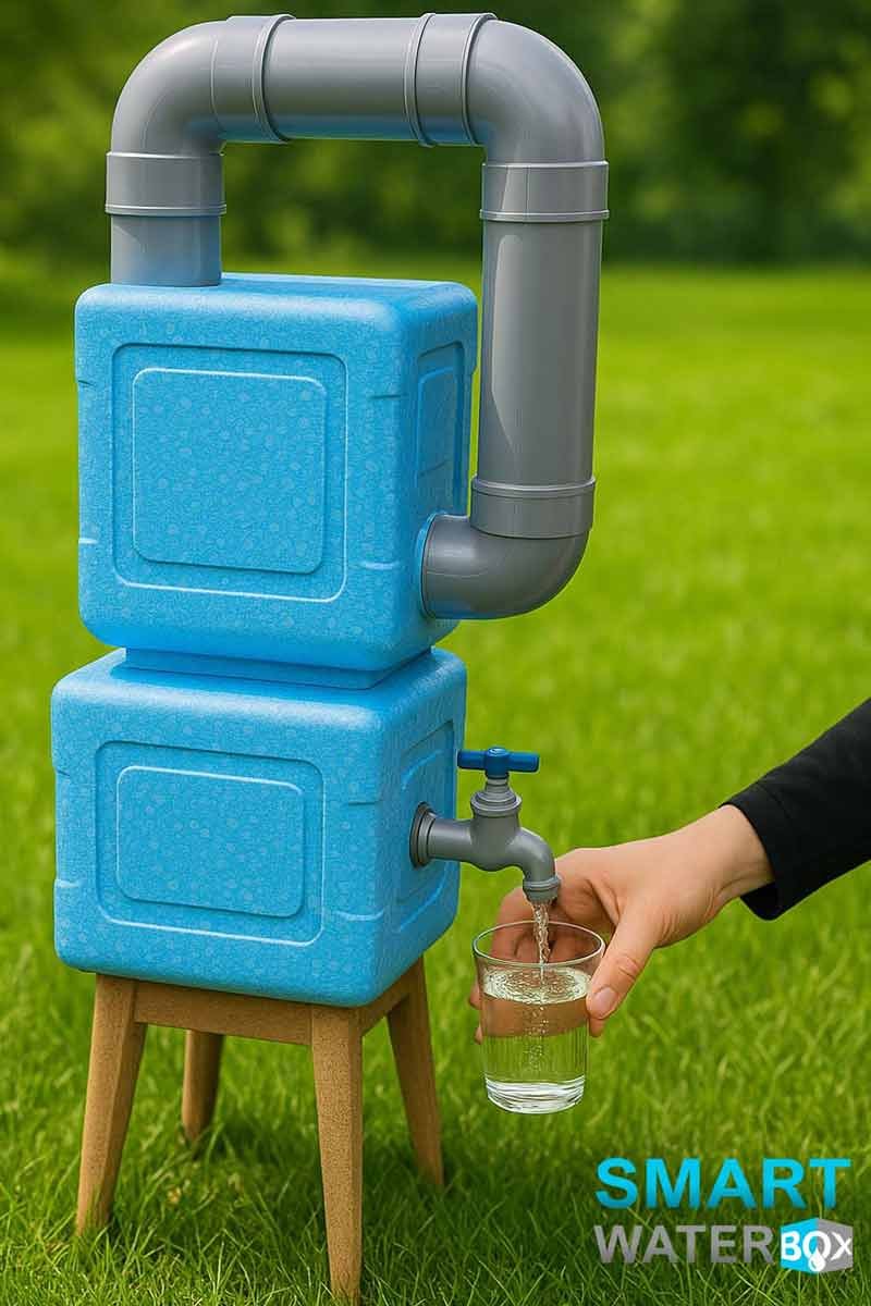 Assembled Smart Water Box unit outdoors with water flowing from spigot